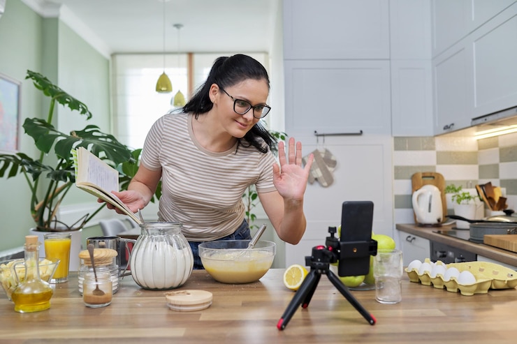 Foto mujer grabando receta para hacer tarta de manzana
