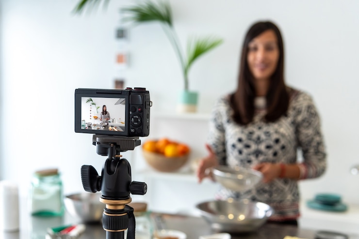 Foto mujer grabando un video de sus hombres de pan de jengibre cocinando para un video blog en línea sobre navidad
