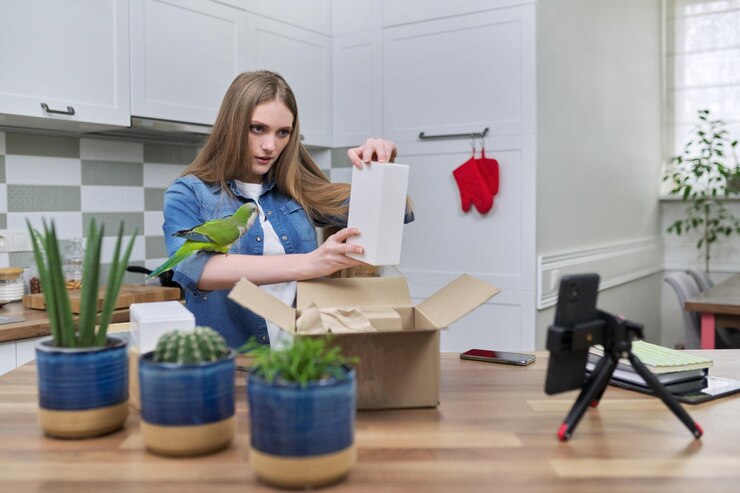 Foto mujer grabando video en teléfono inteligente desempacando caja de cartón loro mascota ayudando a desempacar