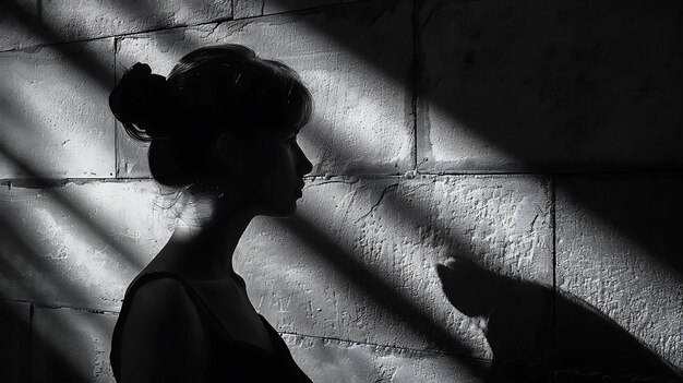 Foto mujer graciosa de pie frente a una pared de ladrillo con la luz del sol y la sombra cayendo sobre su cara y cuerpo creando una escena cautivadora y artística