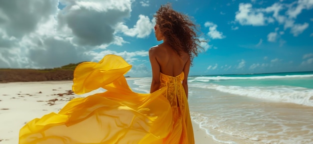 Mujer graciosa con un vestido fluido mirando hacia el mar en la playa de arena