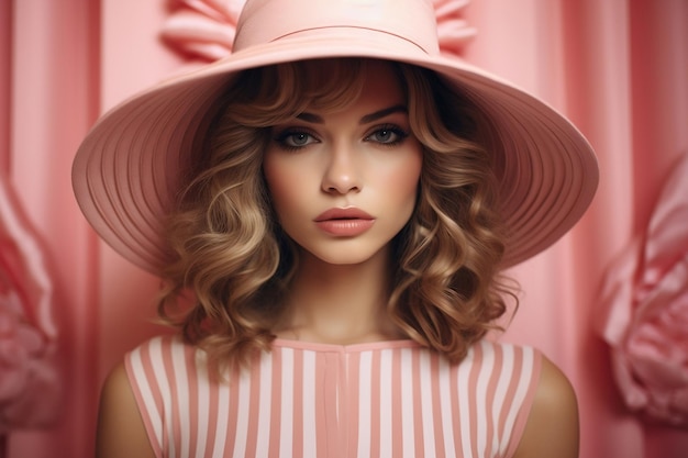 Mujer graciosa con vestido rosa y sombrero con vistas a la IA generativa