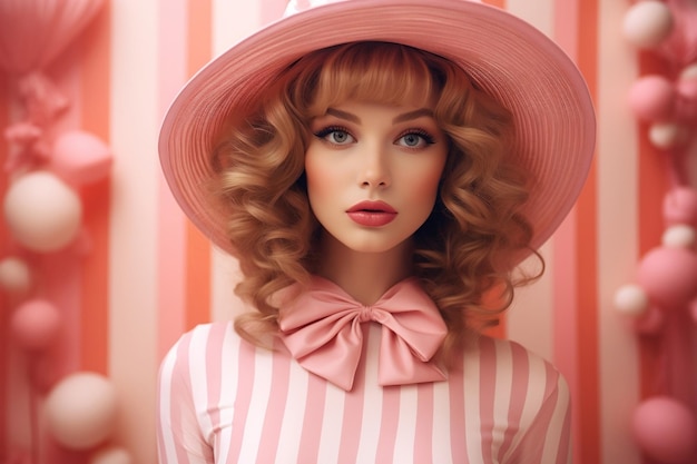 Mujer graciosa con vestido rosa y sombrero con vistas a la IA generativa