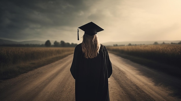 Mujer graduación misterio camino camino camino éxito carrera