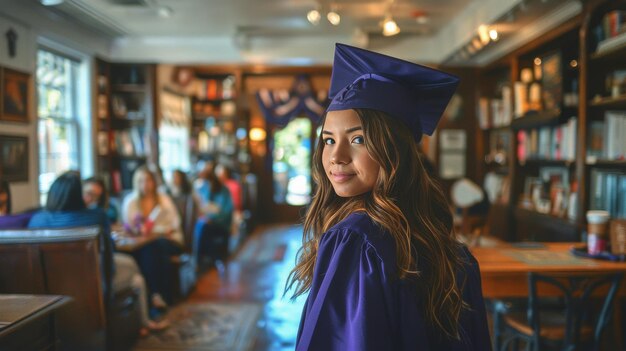 Mujer graduada con gorra y bata estudiando en la biblioteca