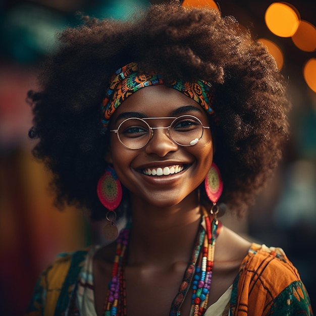 Una mujer con un gran afro y una colorida diadema sonríe a la cámara.