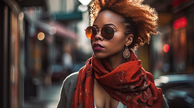 Una mujer con un gran afro con gafas de sol se encuentra en la calle.