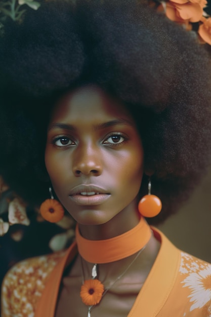 Una mujer con un gran cabello afro y aretes naranjas.