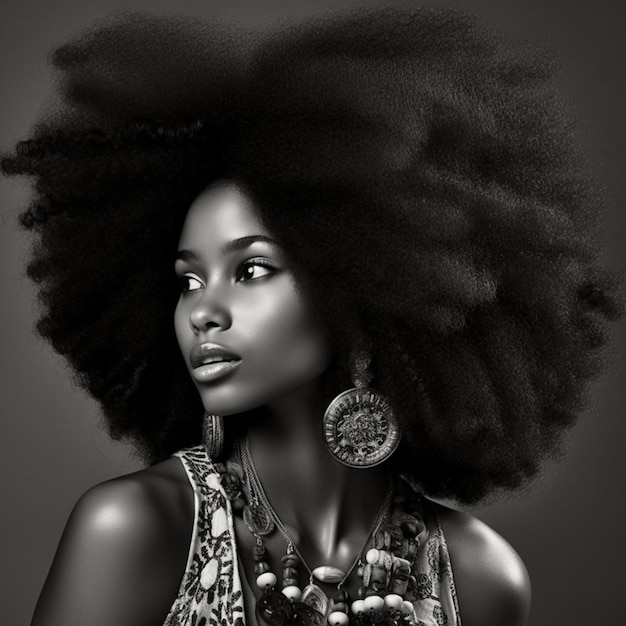 Una mujer con un gran cabello afro y un collar.