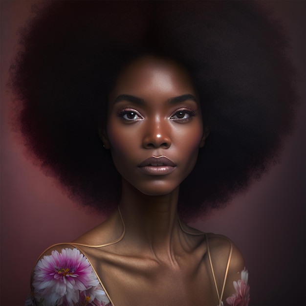Una mujer con un gran cabello afro y una flor en el pecho.