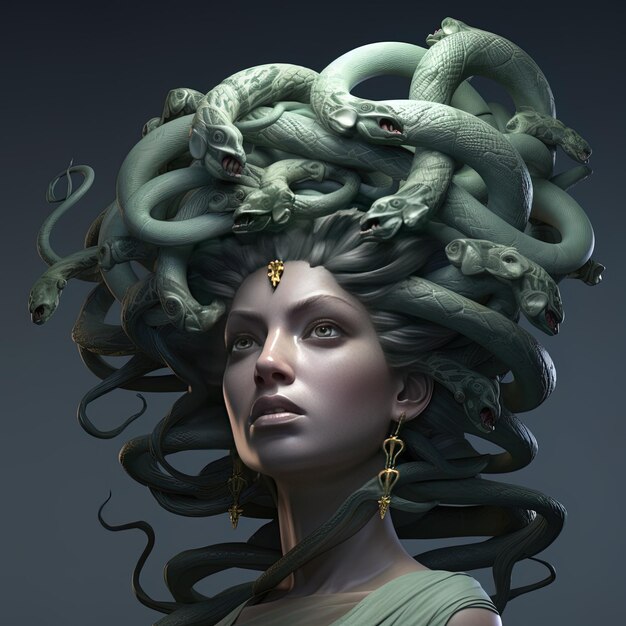 Foto una mujer con una gran cabeza de serpientes en su cabeza