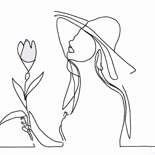 Mujer con gran flor de primavera. Ilustración de arte de papel vectorial. Estilo de una línea continua