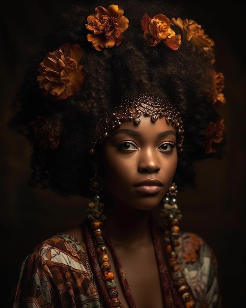 Una mujer con un gran peinado afro y una diadema con flores.