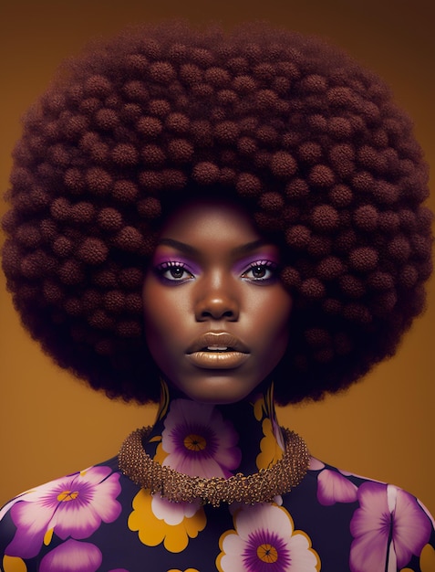 Una mujer con un gran peinado afro con una flor morada en la cabeza.