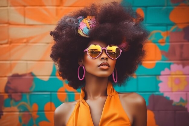 Una mujer con un gran peinado afro se para frente a una pared colorida con flores.