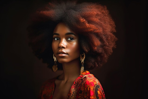 Una mujer con un gran peinado afro y un vestido rojo.