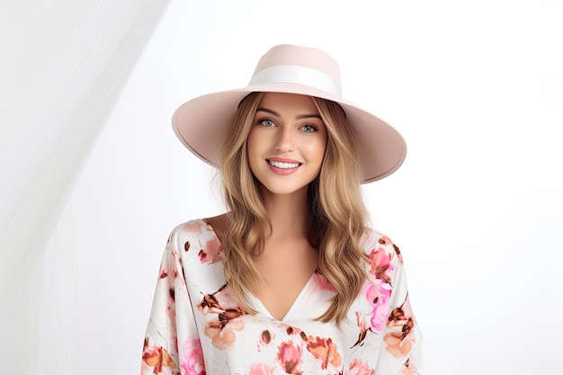 Una mujer con un gran sombrero con una flor rosa.