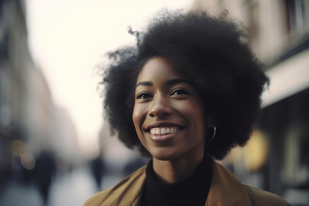 Una mujer con una gran sonrisa afro en una ciudad.