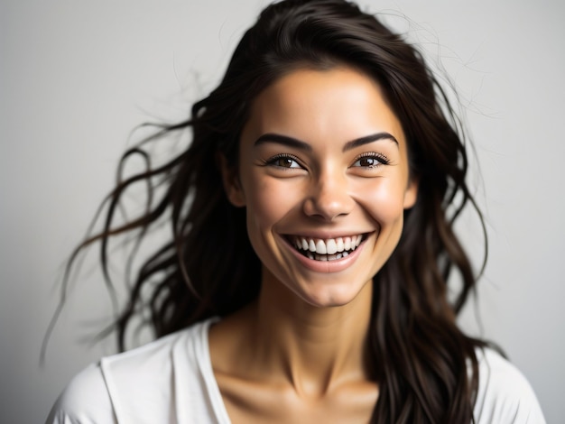 Una mujer con una gran sonrisa que dice 'soy una mujer feliz'