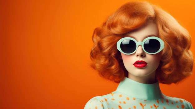 Mujer con grandes gafas de sol Creativo fondo de verano retro de los años 60