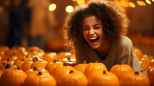 Mujer granjera alegre compartiendo calabazas de cerca sobre un fondo amarillo