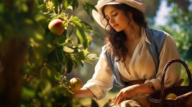 Una mujer granjera con una canasta de frutas frescas en el jardín