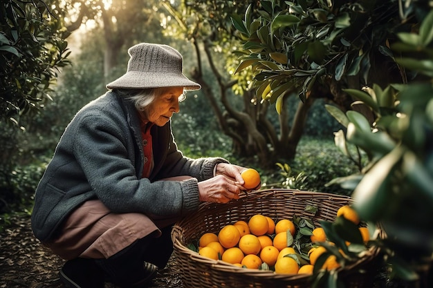 Mujer granjera cosecha naranjas maduras de naranjos en el jardín en verano IA generativa