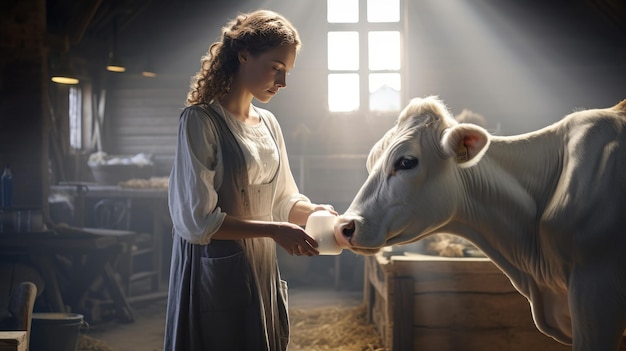Mujer granjera cuidando vacas en el granero Vida agrícola moderna Mantenimiento industrial de las vacas Negocio agrícola
