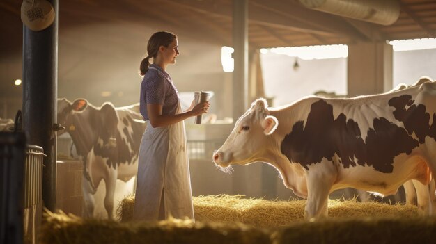 Mujer granjera cuidando vacas en una pequeña granja rural en lo alto de las montañas Producto respetuoso con el medio ambiente Leche casera