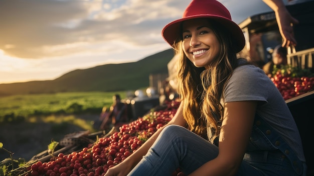 Mujer granjera cultiva tomates