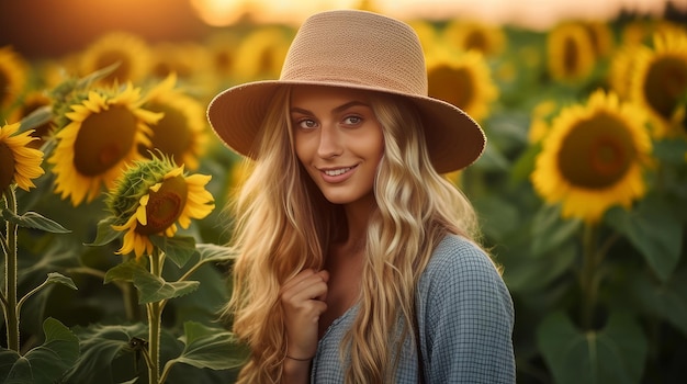 Mujer granjera que cultiva girasoles