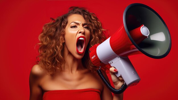 Mujer gritando en un altavoz aislado sobre fondo rojo.