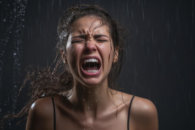 una mujer gritando bajo la lluvia con la boca abierta