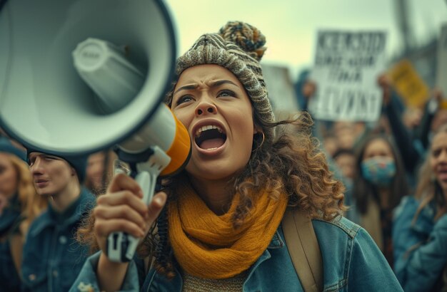 mujer gritando en el megáfono mientras sostiene carteles frente a la protesta