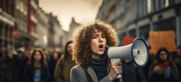 Foto mujer gritando en un megáfono