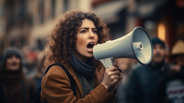 Una mujer gritó su mensaje con un altavoz mientras se veía una multitud de manifestantes detrás de ella