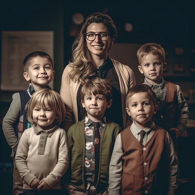 Una mujer con un grupo de niños posando para una foto.