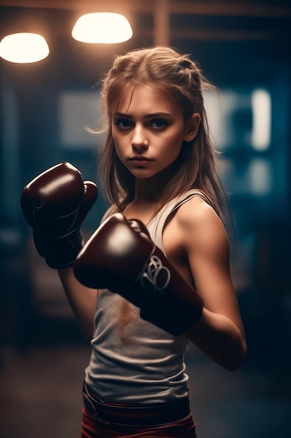 Mujer con guante de boxeo en la mano y mirada seria en su rostro IA generativa