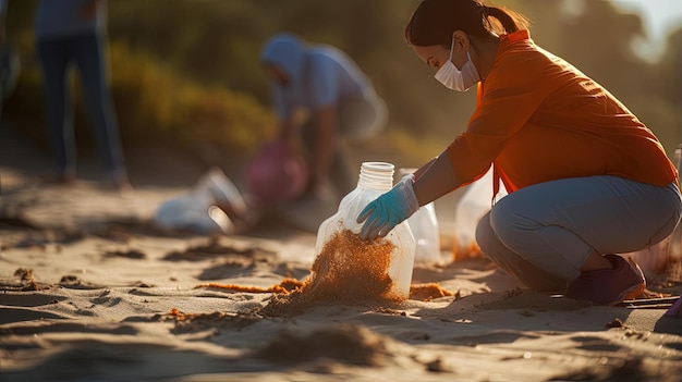 Foto una mujer con guantes naranjas recoge botellas de plástico en la arena al estilo bokeh