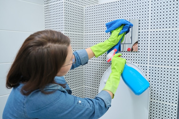 Mujer en guantes con trapo haciendo limpieza en el baño, limpiando y puliendo el botón de inodoro cromado en la pared de azulejos