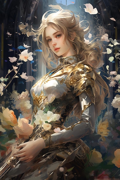 una mujer guerrera con cabello largo y una flor en la mano