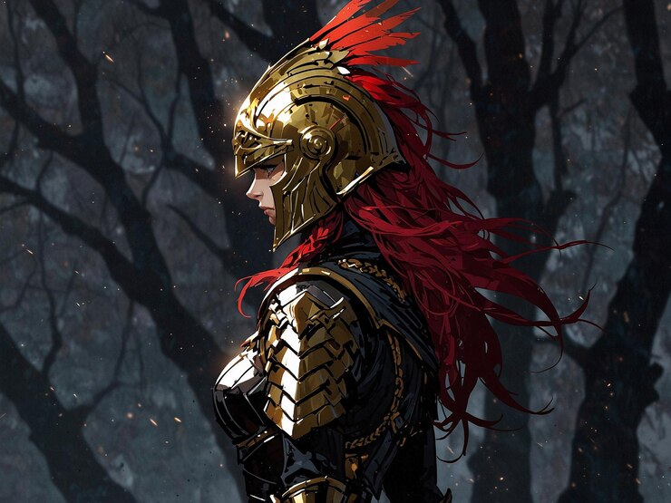 mujer guerrera con cabello rojo largo y un casco dorado