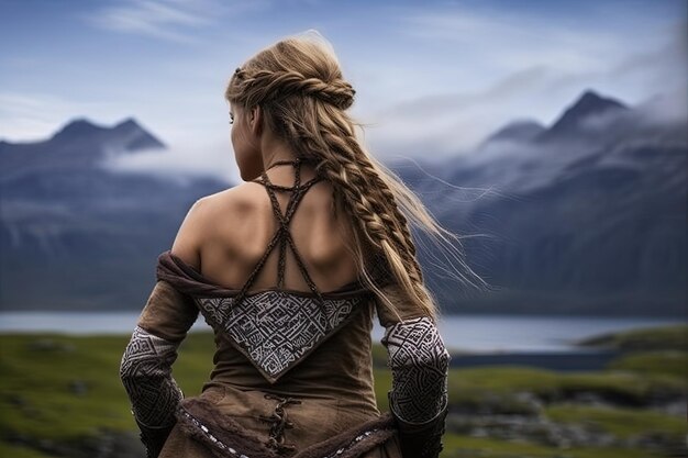 Mujer guerrera vikinga desde atrás, paisaje nórdico al fondo IA generativa