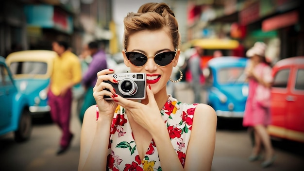 Mujer guiñando el ojo tomando una foto con una cámara retro