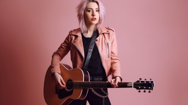 Foto una mujer con una guitarra en la mano toca una guitarra.