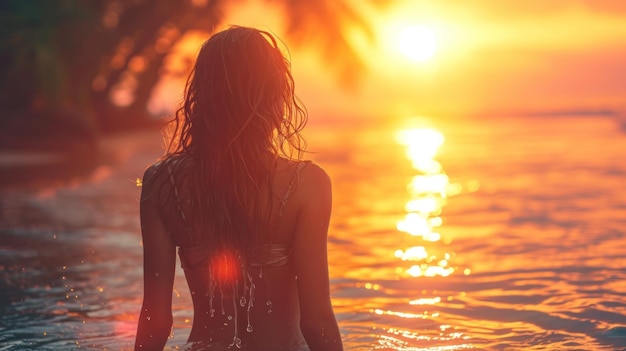 Una mujer hábil de surf sin esfuerzo montando una ola con una puesta de sol vibrante en el fondo