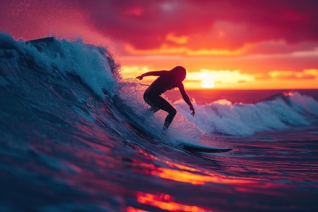 Una mujer hábil de surf sin esfuerzo montando una ola con una puesta de sol vibrante en el fondo