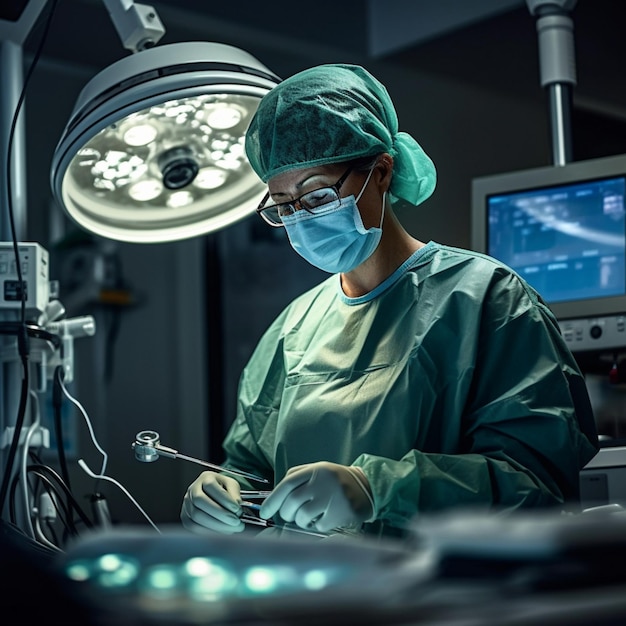 Una mujer en una habitación de hospital con un monitor que muestra la palabra hospital en la pantalla.