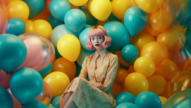 Una mujer en una habitación llena de globos.