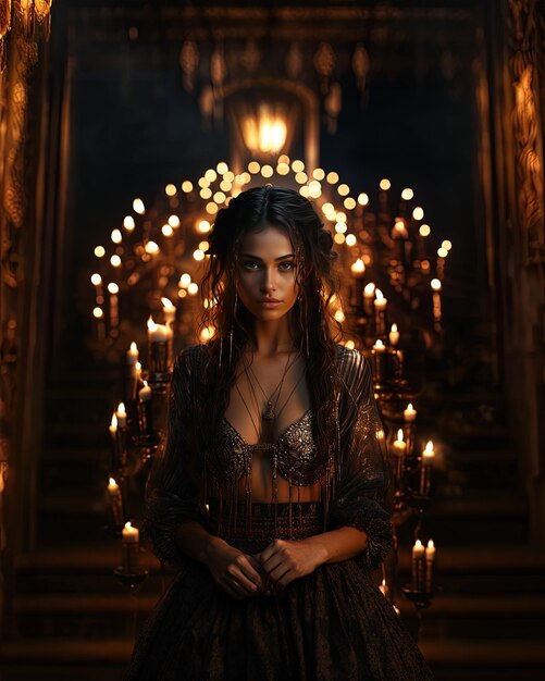 una mujer en una habitación oscura con una vela encendida en el medio